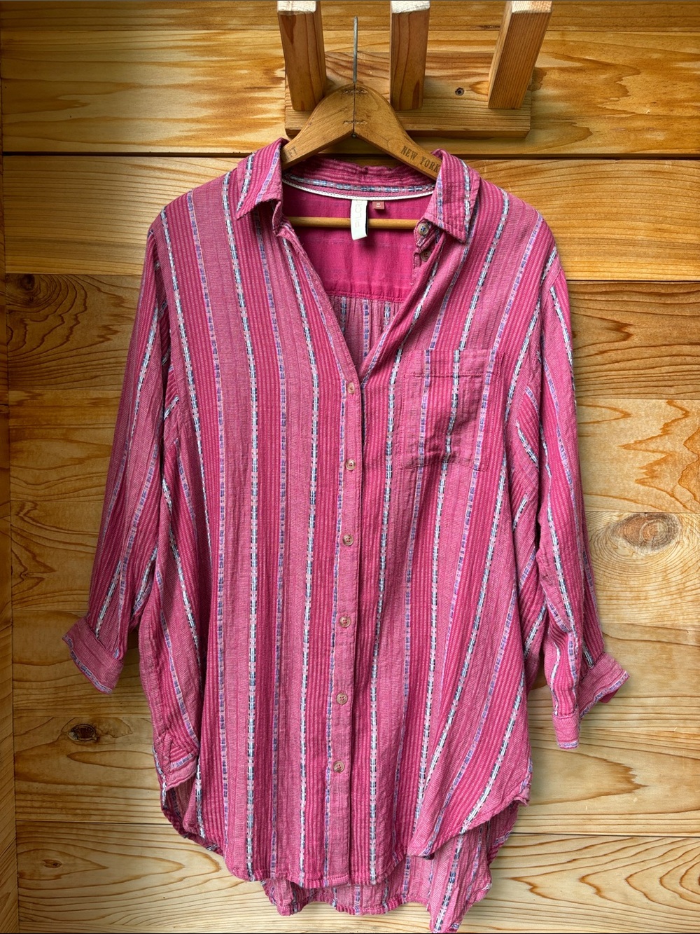 Anthropologie Pilcro The Bo Boyfriend Metallic Stripe Button Down Shirt XS Pink - Picture 2 of 12